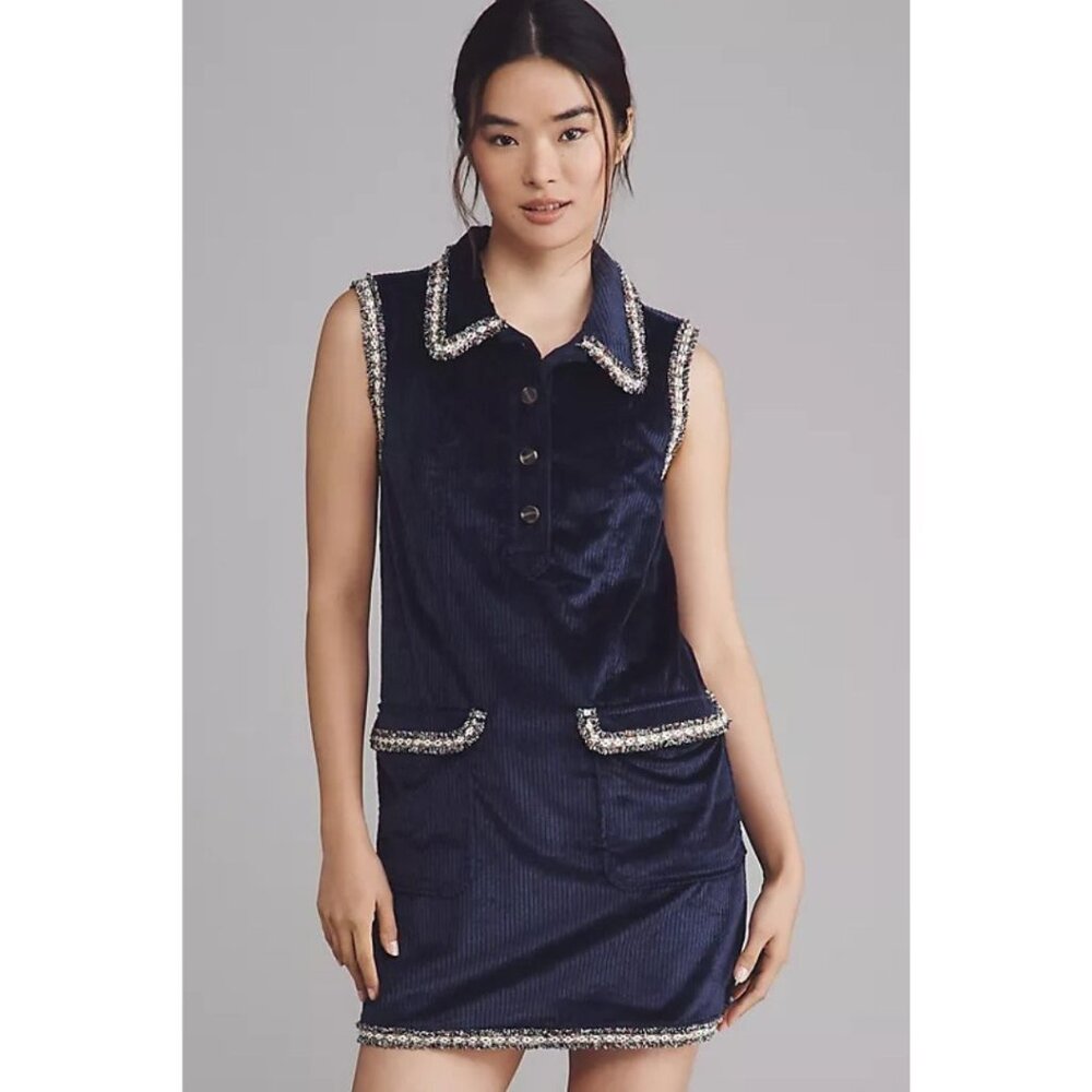 By Anthropologie Collared Corduroy Mini Party Dress Women's Size XS Blue